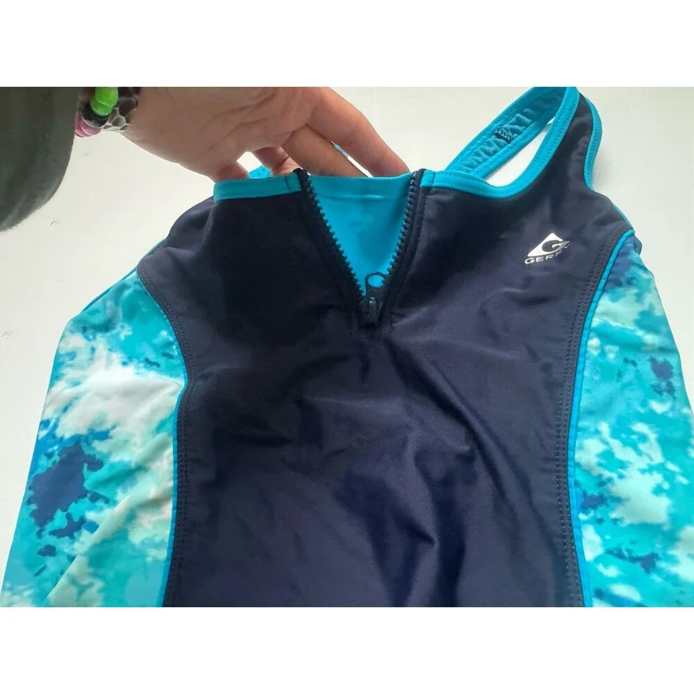 Gerry Girls Size 16 One Piece Swimsuit Navy Blue Turquoise Zip Front